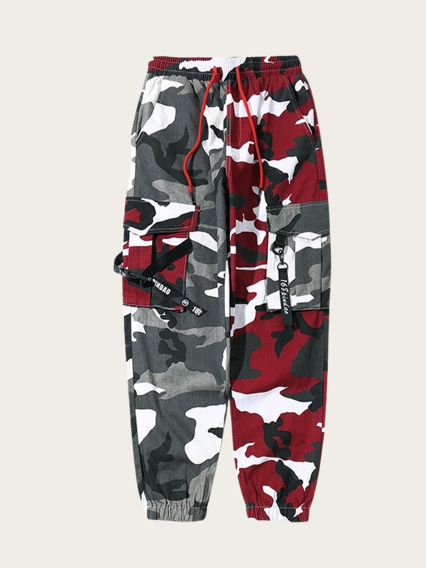 Camouflage pants with red and gray pattern on a white background