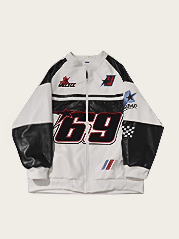 White jacket with black and red accents featuring the number 69 on a white background