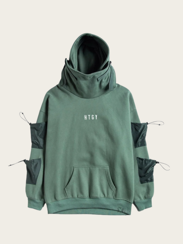Green hoodie with black accents on a light beige background