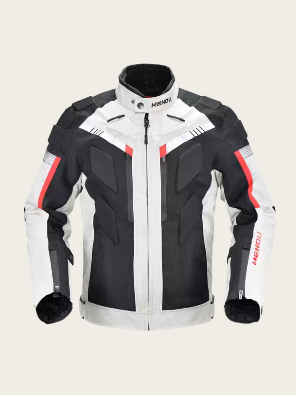 Black and white motorcycle jacket with red accents on a light gray background