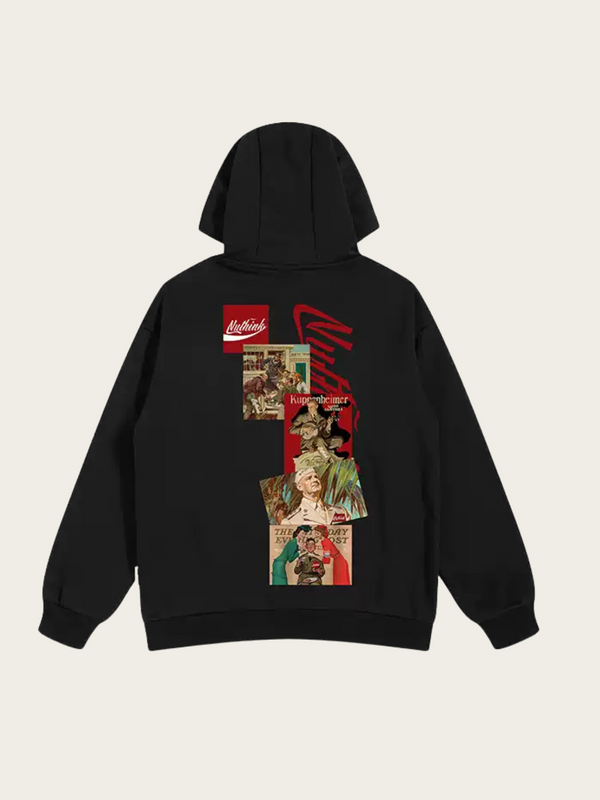 Black hoodie with graphic designs on the back against a light beige background