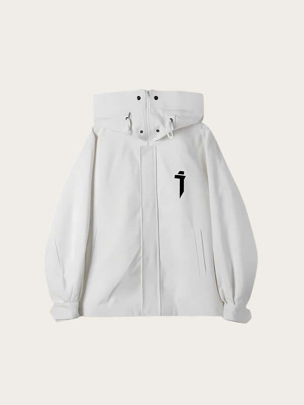 White jacket with a black logo on a white background