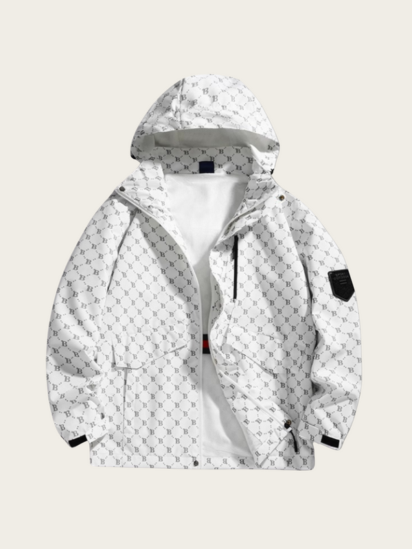 White jacket with black pattern on a light gray background