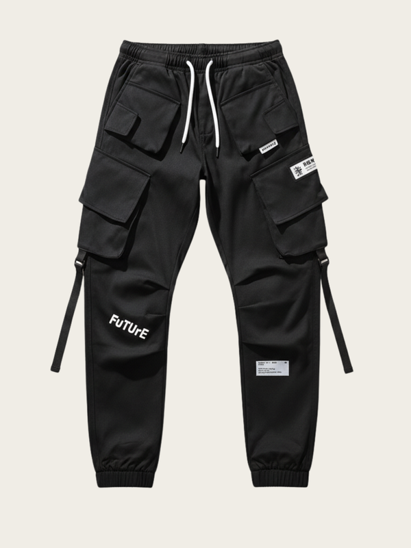 Black cargo pants with multiple pockets and 'Futur' branding on a beige background