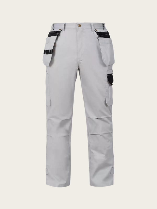 Light gray work pants with black accents on a white background