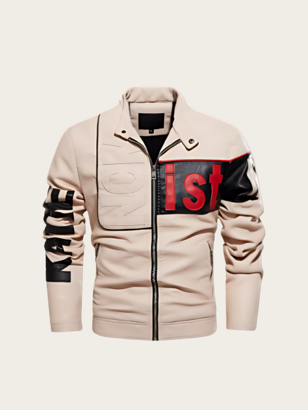 Beige jacket with black and red text on sleeves and chest against a white background