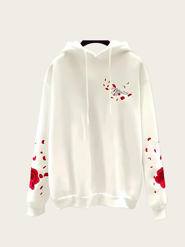 White hoodie with red heart designs on sleeves against a white background