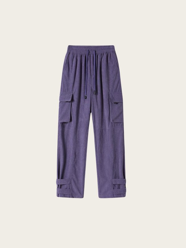 Purple cargo pants on a light beige background
