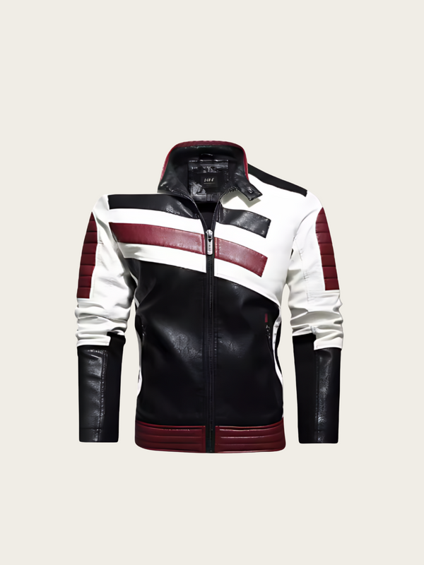 Black and white leather jacket with red accents on a beige background