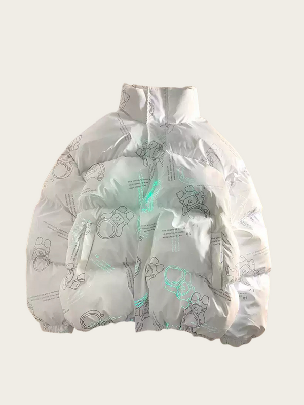 Puffer jacket with cartoon character print on a light gray background