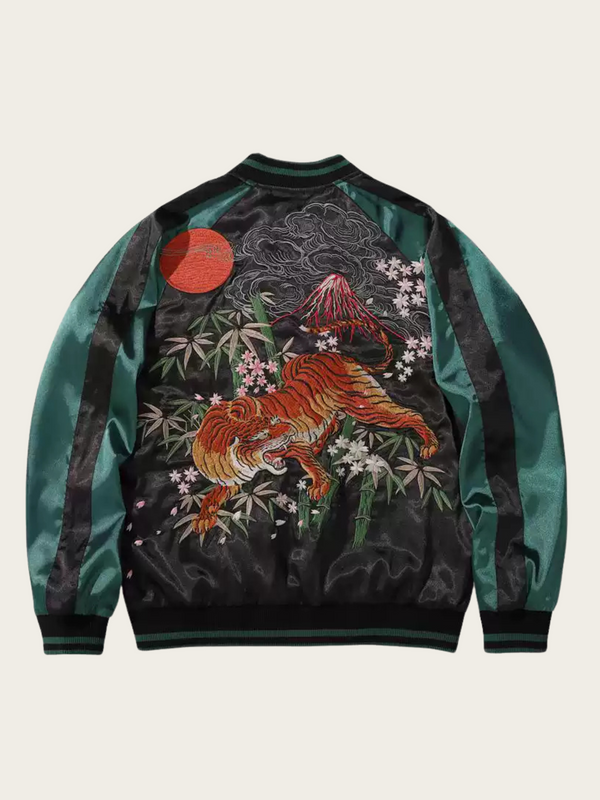Jacket with fox and mountain design on a beige background