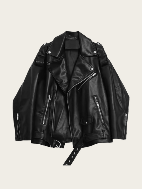 Black leather jacket on a light gray background
