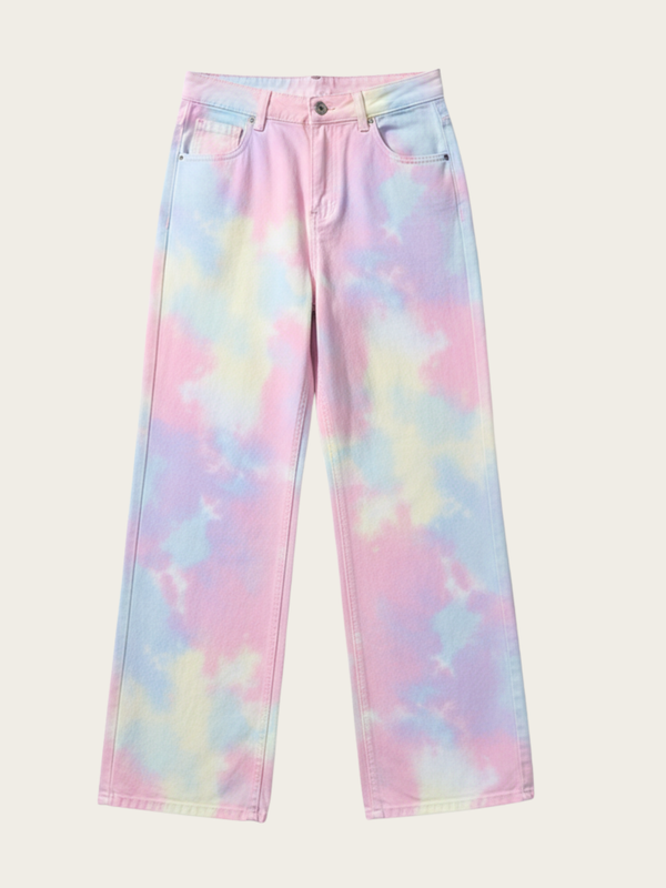 Women’s Pastel Tie-Dye Wide-Leg Jeans – Vibrant Retro Street Style