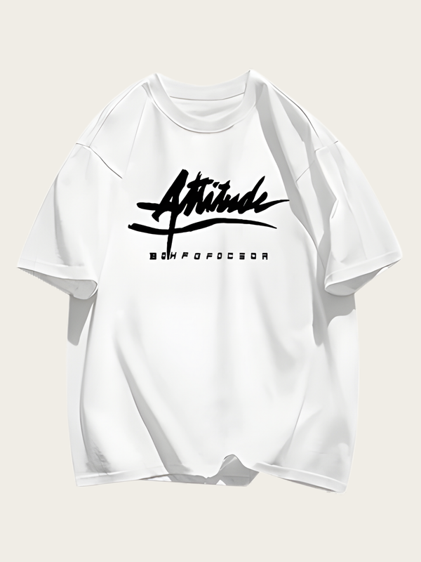 White t-shirt with black text on a white background