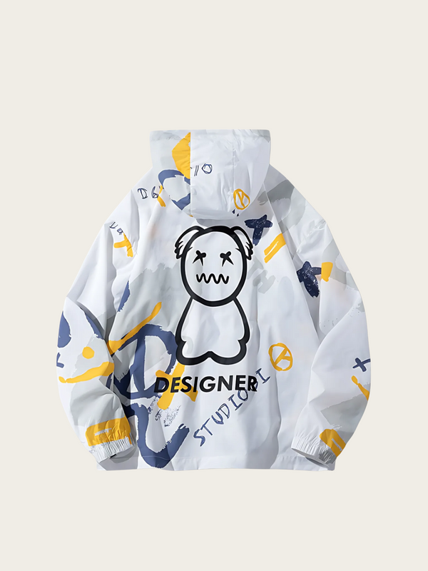 White hoodie with colorful graphics and text on a light gray background