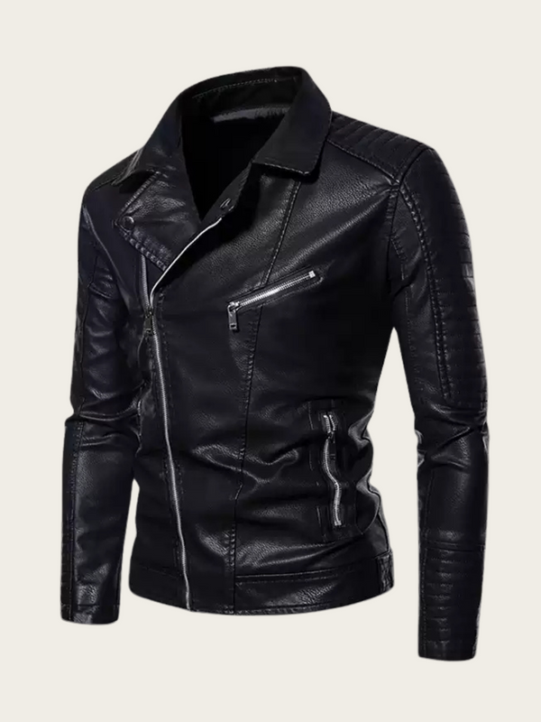 Black leather jacket on a light gray background