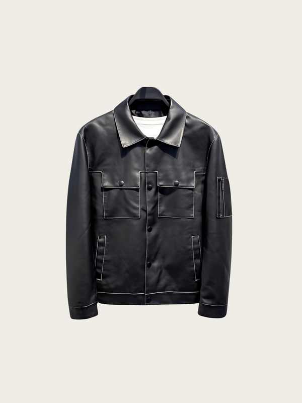 Black leather jacket on a light gray background