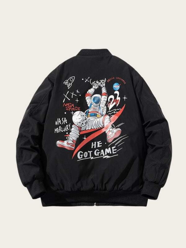 Black jacket with astronaut graphic and 'He Got Game' text on a beige background