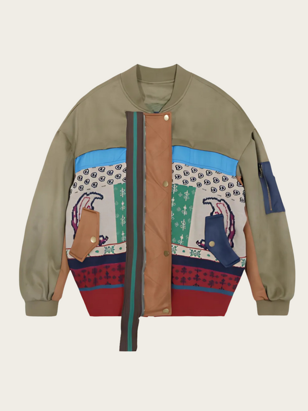 Multicolored bomber jacket with patterned sections on a beige background