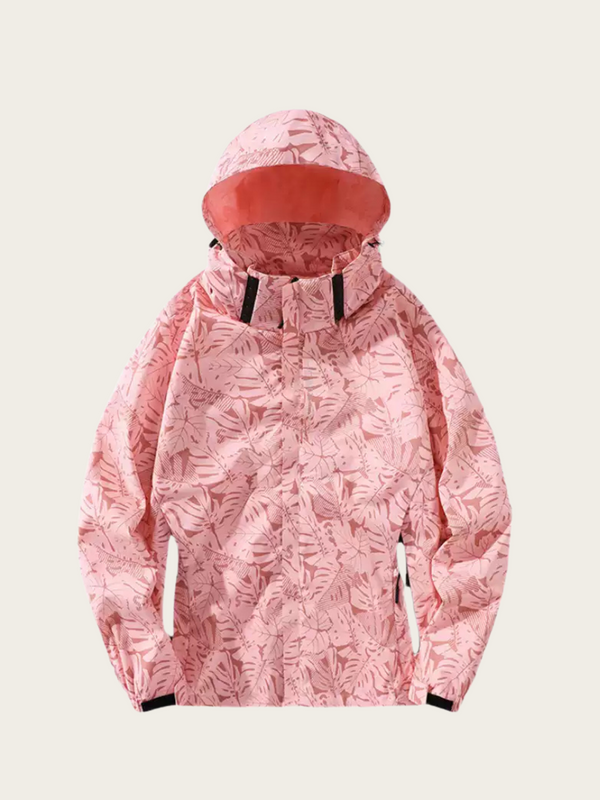 Pink patterned jacket with hood on a light beige background