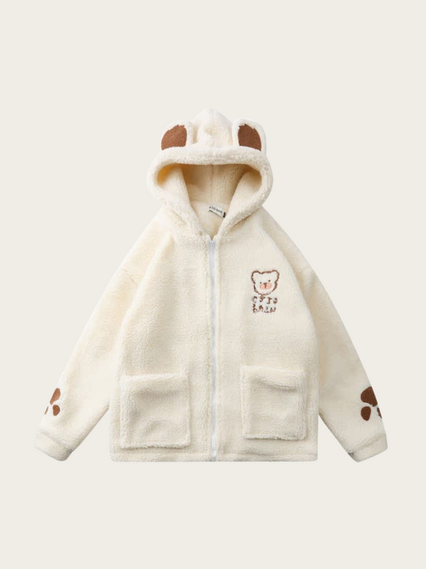 Children's fleece hoodie with bear design on a white background