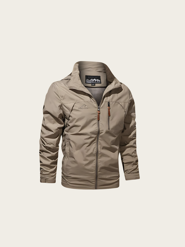 Beige jacket with a brand logo on a light beige background