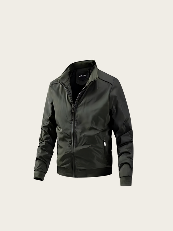 Dark gray jacket on a light beige background