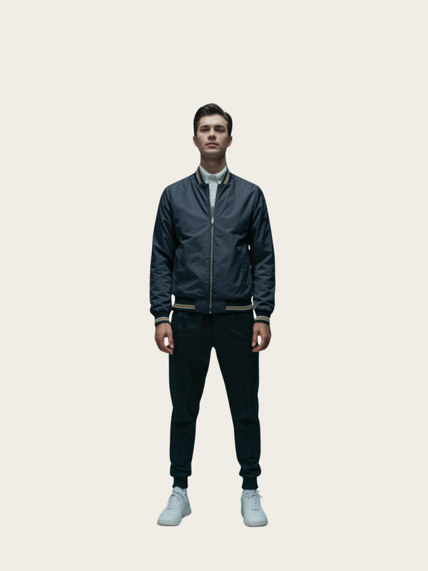 Man wearing a dark bomber jacket and black pants on a light beige background