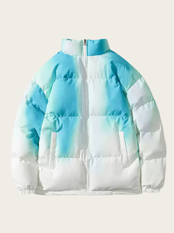 Gradient blue to white puffer jacket on a light gray background
