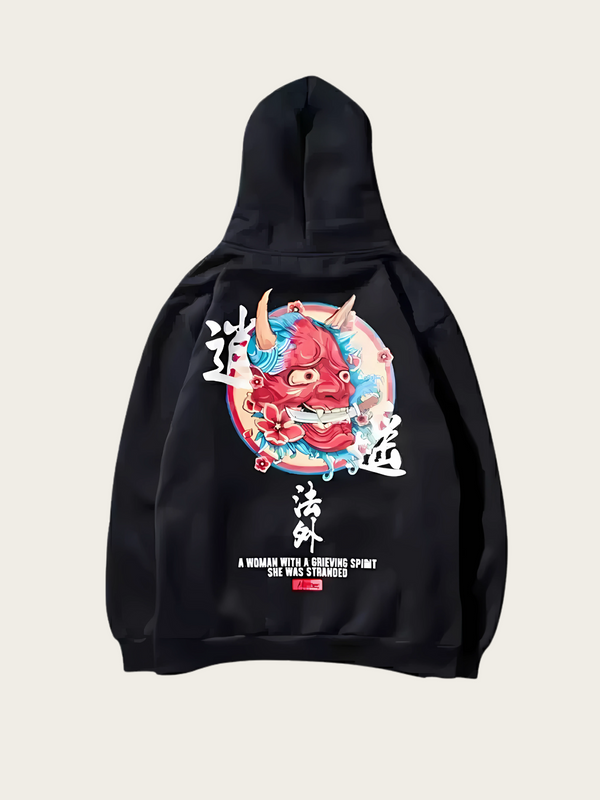 Black hoodie with a colorful dragon design and text on a beige background
