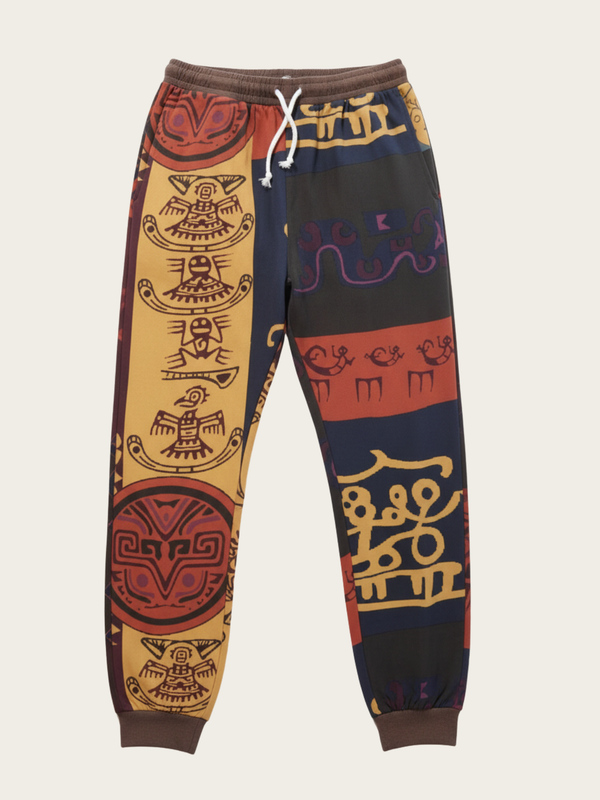 Colorful sweatpants with tribal patterns on a beige background