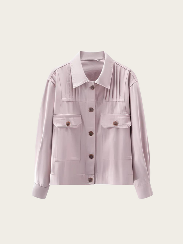 Light purple jacket with white collar on a light pink background