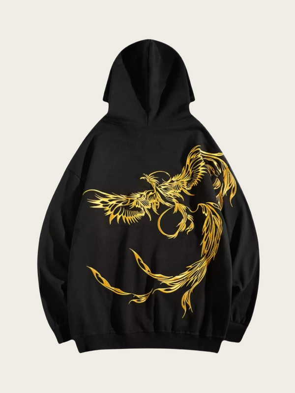 Black hoodie with gold phoenix design on a beige background