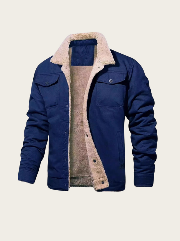 Blue jacket with beige fleece lining on a light beige background