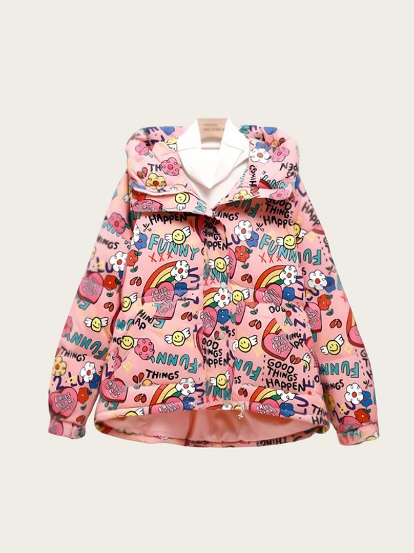 Pink children's jacket with colorful graphics and text on a white background