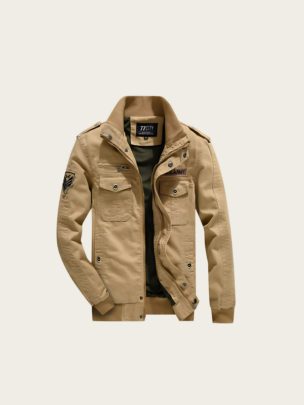 Beige jacket with multiple pockets and buttons on a light beige background