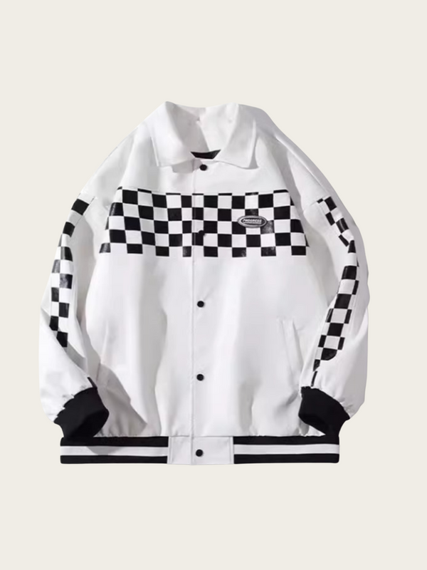 White jacket with black and white checkered pattern on a light gray background