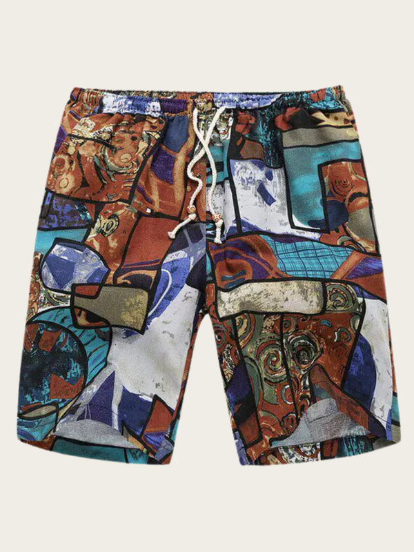 Colorful abstract patterned shorts on a white background