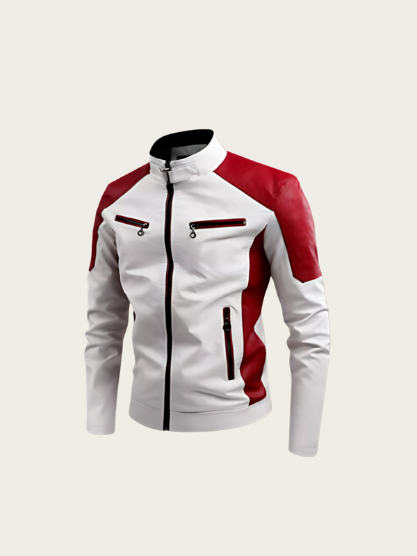 White and red jacket with zippers on a light gray background