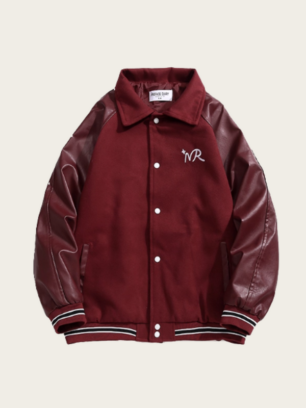 Maroon varsity jacket with leather sleeves on a beige background