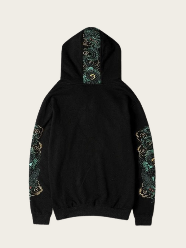 Black hoodie with green and gold embroidery on sleeves and hood against a white background