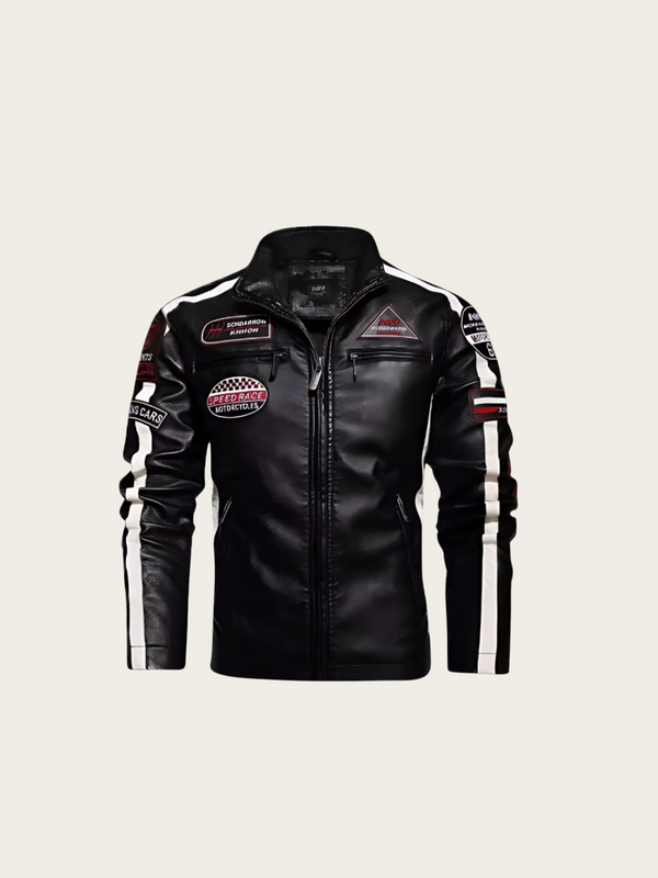 Black leather jacket with patches on a beige background