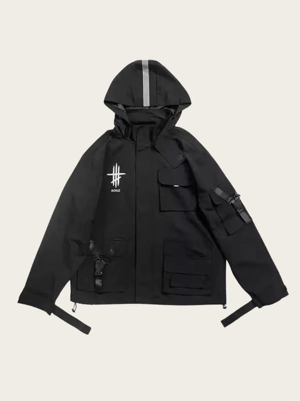 Black jacket with a brand logo on a beige background