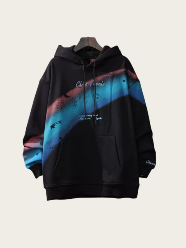Black hoodie with gradient design on a beige background
