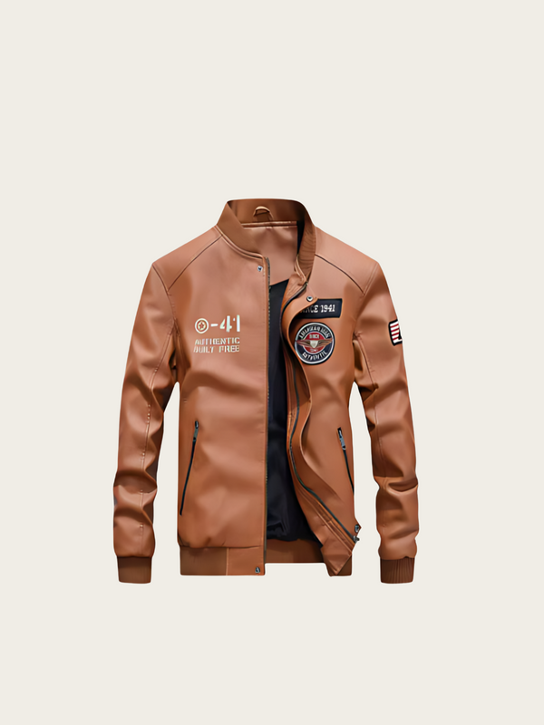 Brown leather jacket with patches on a beige background