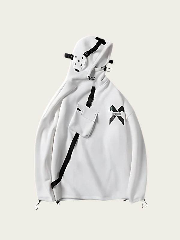 White hoodie with black accents on a light beige background