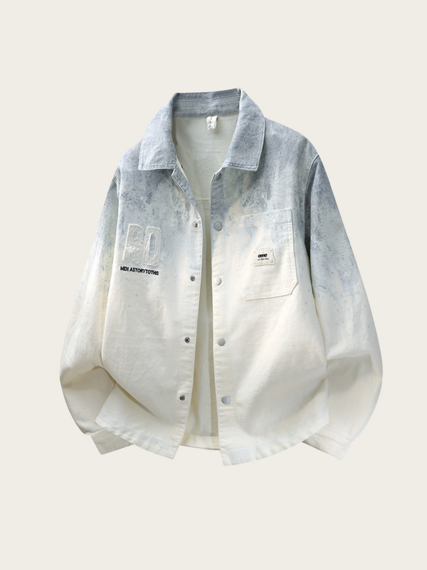 Light blue and white checkered shirt with branding on a beige background