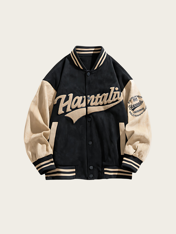 Black and beige varsity jacket with 'Hantana' branding on a light beige background