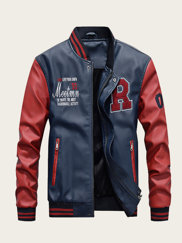 Blue and red varsity jacket with letter 'R' on a beige background