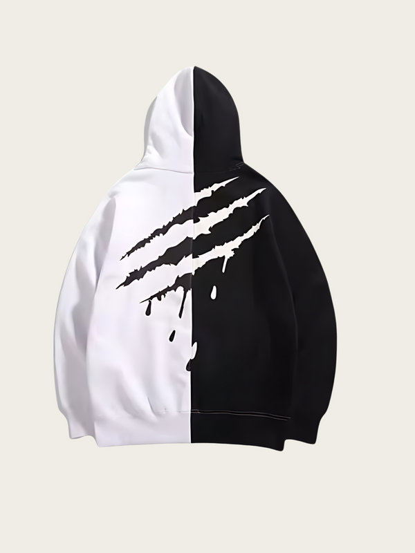Hoodie with a black and white design on a beige background